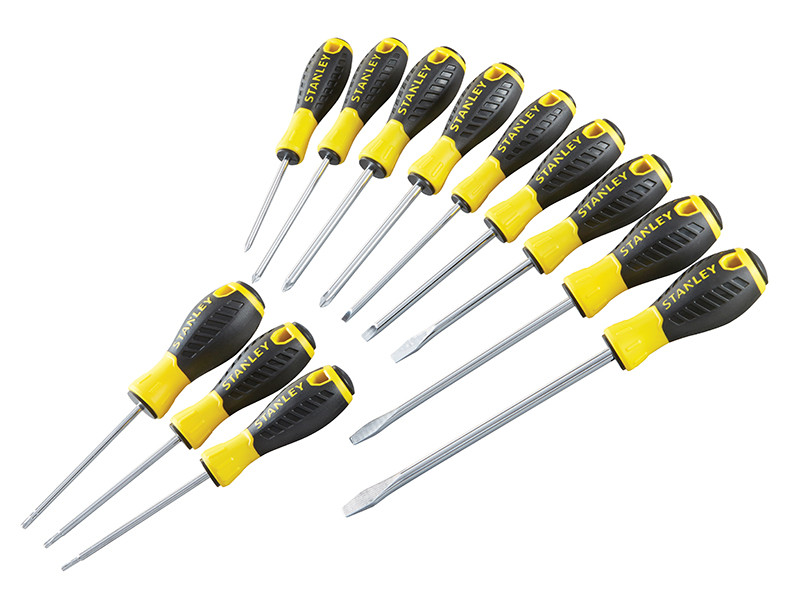 A set of 12 Stanley screwdrivers with colour-coded handles covering a range of flathead and Phillips sizes.,