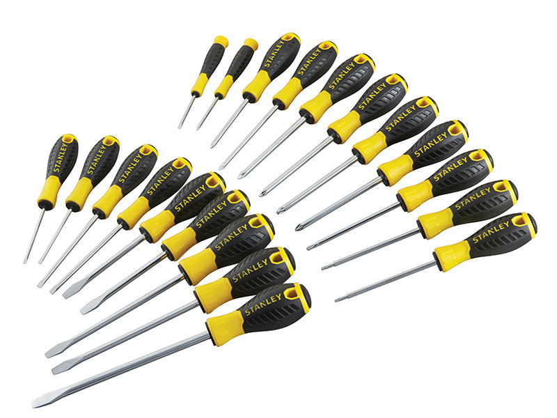 A set of 20 Stanley screwdrivers with colour-coded handles covering a range of flathead and Phillips sizes.,