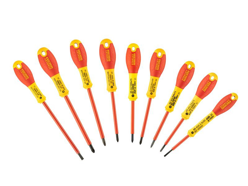 A set of 10 Stanley screwdrivers with colour-coded handles covering a range of flathead and Phillips sizes.,