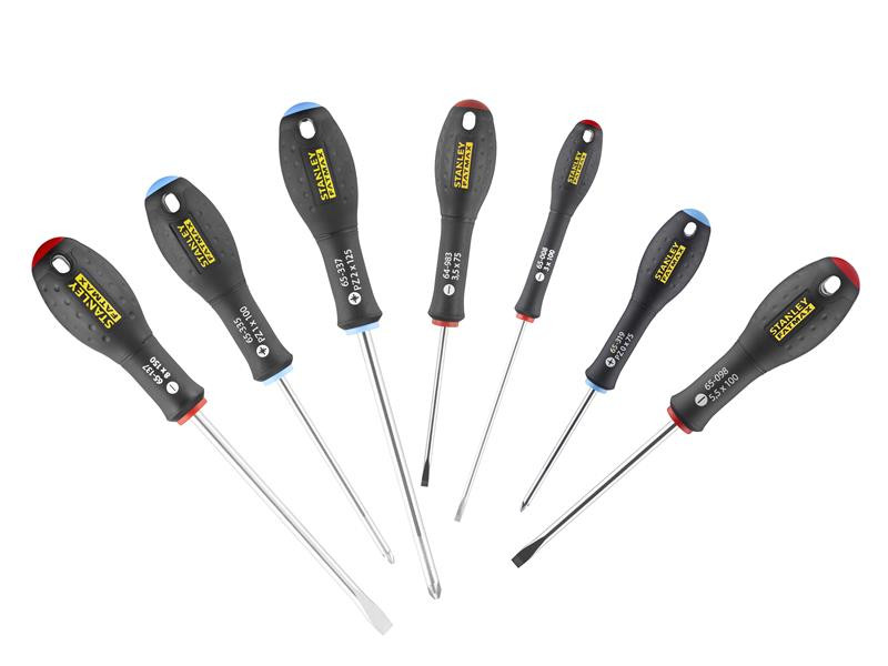 A set of 7 Stanley screwdrivers with colour-coded handles covering a range of flathead and Phillips sizes.,