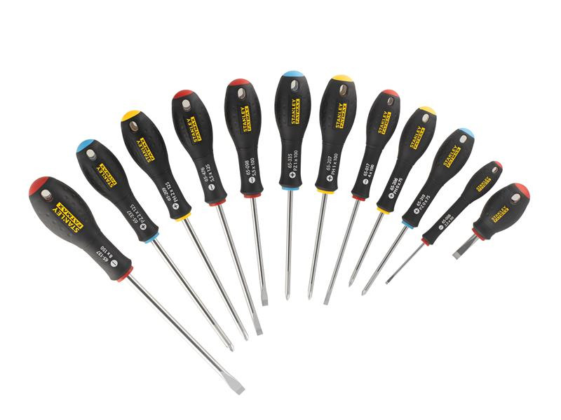 A set of 12 Stanley screwdrivers with colour-coded handles covering a range of flathead and Phillips sizes.,