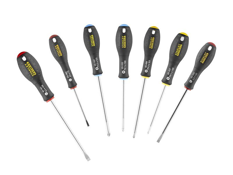 A set of 7 Stanley screwdrivers with colour-coded handles covering a range of flathead and Phillips sizes.,