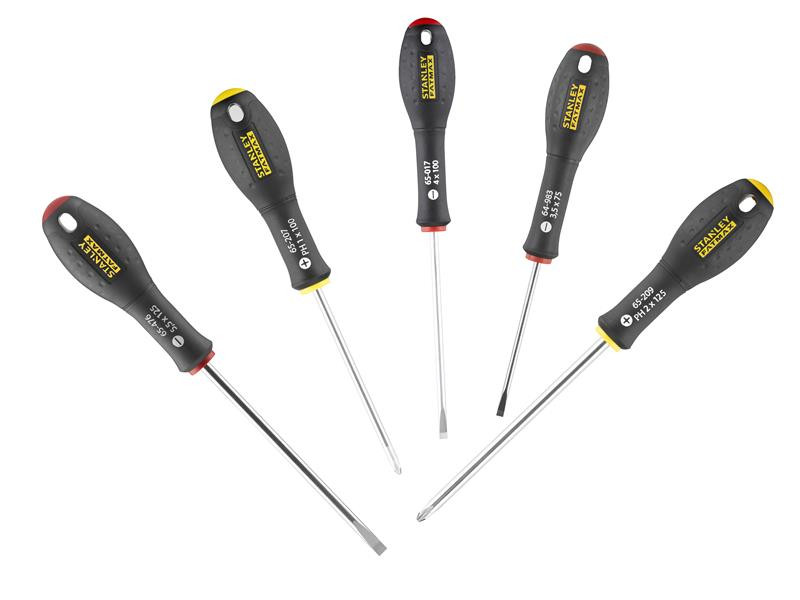 A set of 5 Stanley screwdrivers with colour-coded handles covering a range of flathead and Phillips sizes.,