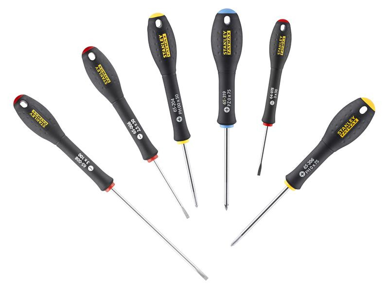A set of 6 Stanley screwdrivers with colour-coded handles covering a range of flathead and Phillips sizes.,