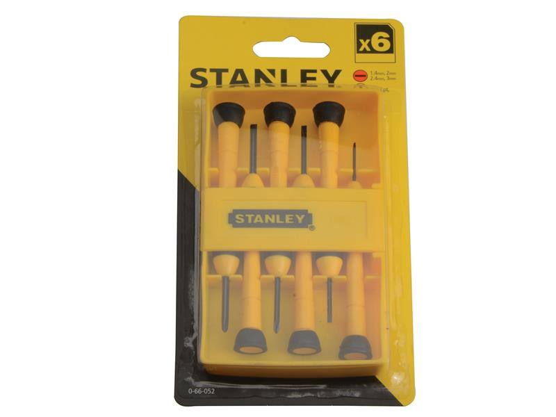 A set of 6 Stanley screwdrivers with colour-coded handles covering a range of flathead and Phillips sizes.,