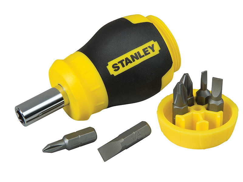 A Stanley multi-tip screwdriver with a comfort-grip handle and a hardened steel tip, for general assembly and fastening work.