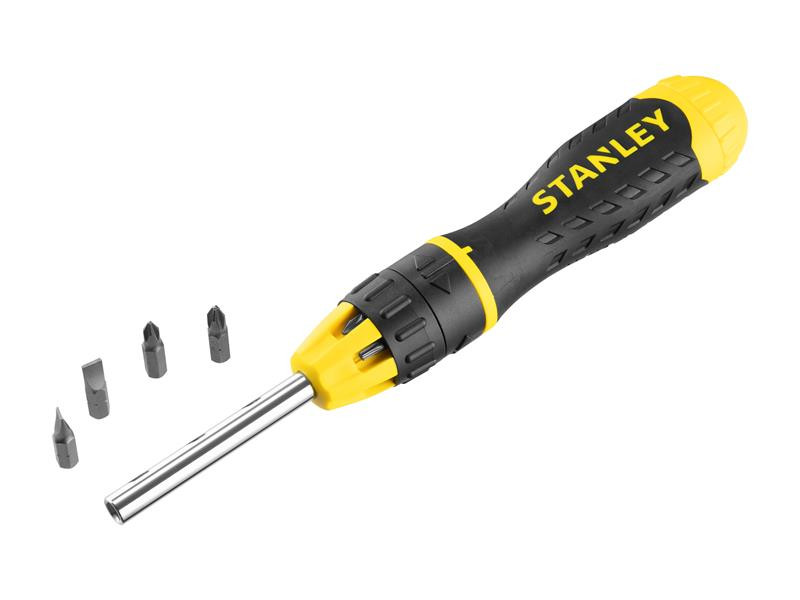 A Stanley ratchet screwdriver with a reversible mechanism and interchangeable bit storage, for faster one-handed screw driving.
