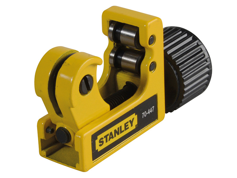 A Stanley pipe cutter with a hardened steel cutting wheel and an adjustable frame, for cleanly severing copper, steel, and plastic pipe.