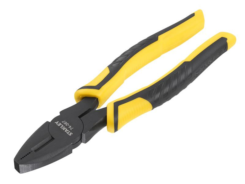 A pair of Stanley combination pliers with serrated flat jaws, a pipe-gripping section, and a side cutter, for general gripping work.