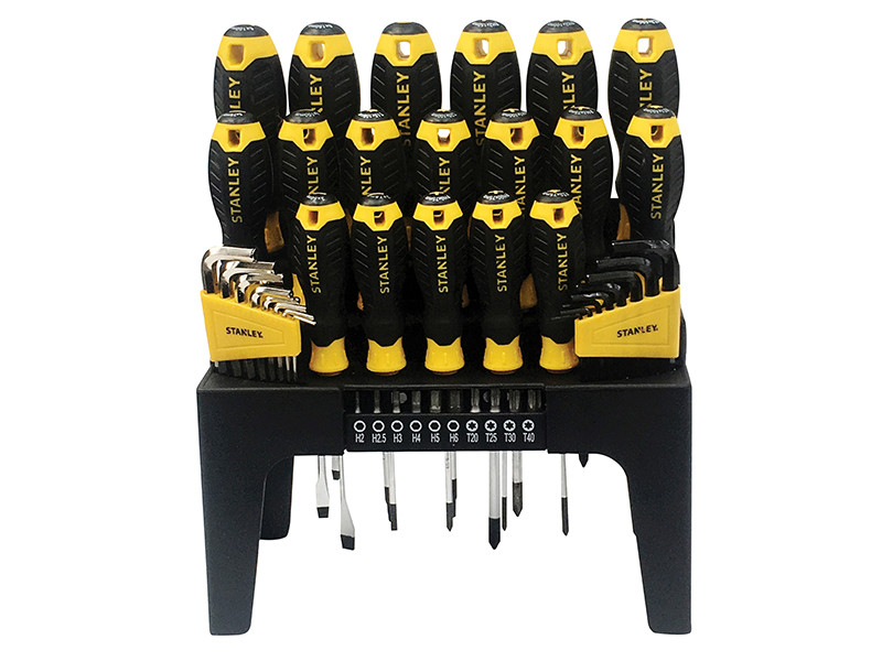 A set of 44 Stanley screwdrivers with colour-coded handles covering a range of flathead and Phillips sizes.,