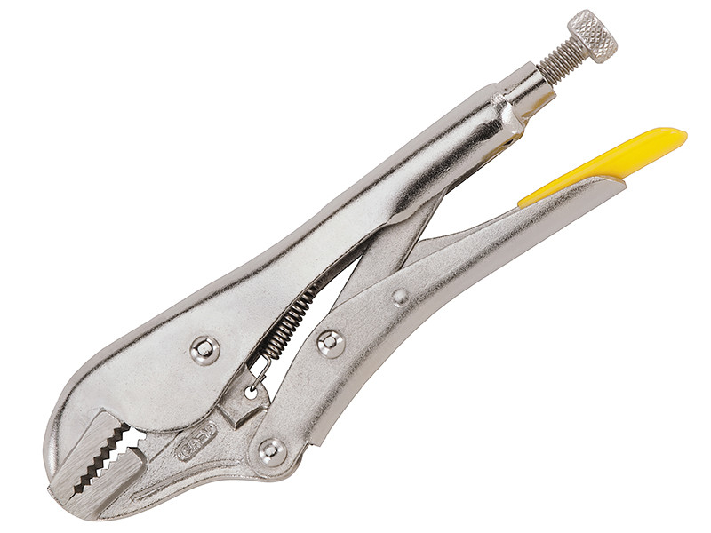 A pair of Stanley locking pliers with an adjustable jaw and an over-centre locking mechanism, for gripping workpieces securely.