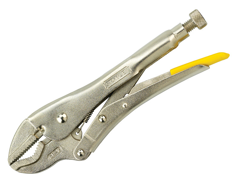 A pair of Stanley locking pliers with an adjustable jaw and an over-centre locking mechanism, for gripping workpieces securely.