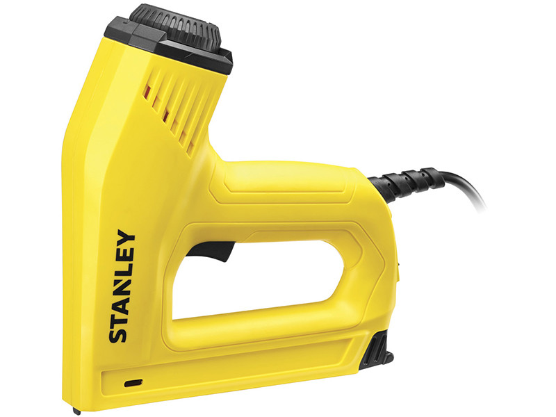 A Stanley cordless nail gun with a magazine feed and safety tip, for driving nails quickly in timber framing and carpentry.