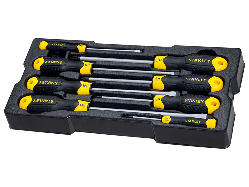 A Stanley multi-tip screwdriver with a comfort-grip handle and a hardened steel tip, for general assembly and fastening work.