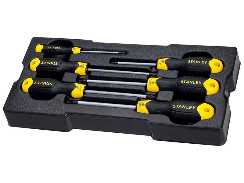 A Stanley multi-tip screwdriver with a comfort-grip handle and a hardened steel tip, for general assembly and fastening work.