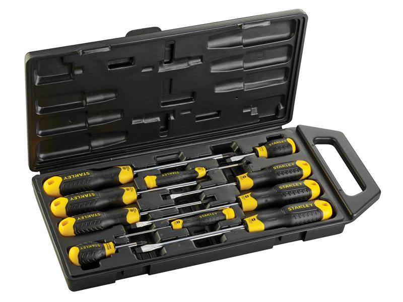 A set of 10 Stanley screwdrivers with colour-coded handles covering a range of flathead and Phillips sizes.,