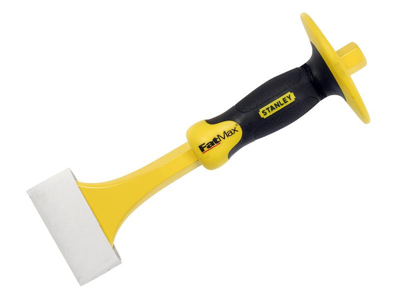 A hardened steel chisel with a bevelled cutting edge and a square-section body, for cutting stone, brick, or timber.