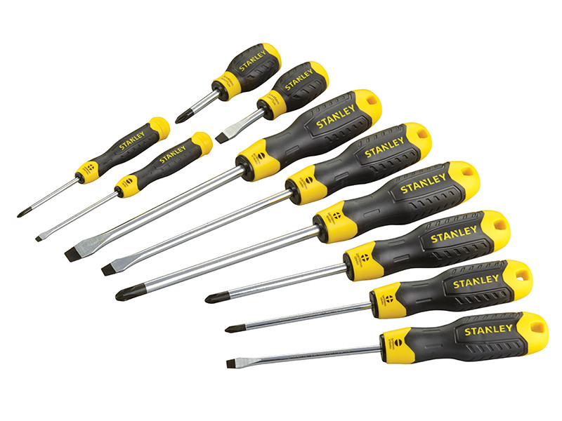 A set of 10 Stanley screwdrivers with colour-coded handles covering a range of flathead and Phillips sizes.,