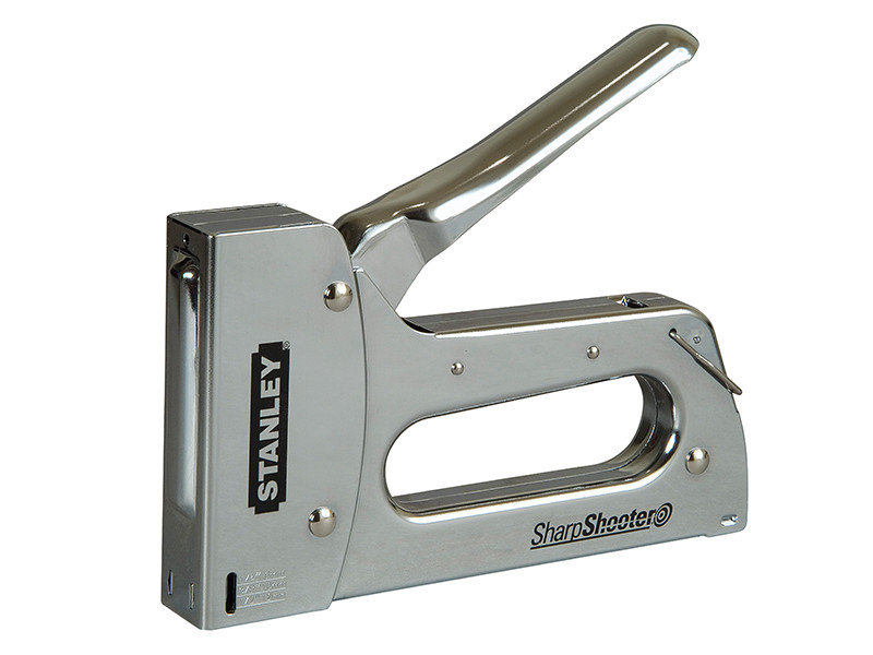 A heavy-duty staple gun with a steel body, an ergonomic trigger, and an adjustable depth guide, for fastening materials to timber.