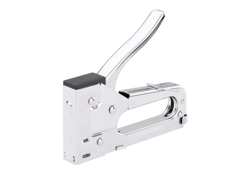 A heavy-duty staple gun with a steel body, an ergonomic trigger, and an adjustable depth guide, for fastening materials to timber.