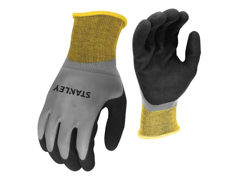 A pair of waterproof work gloves with a grip-textured palm and adjustable wrist closure, suitable for wet outdoor conditions.