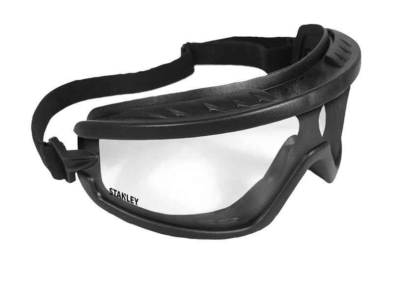 A pair of safety goggles with clear anti-fog lenses and a ventilated PVC frame, offering eye protection against dust and splashes.