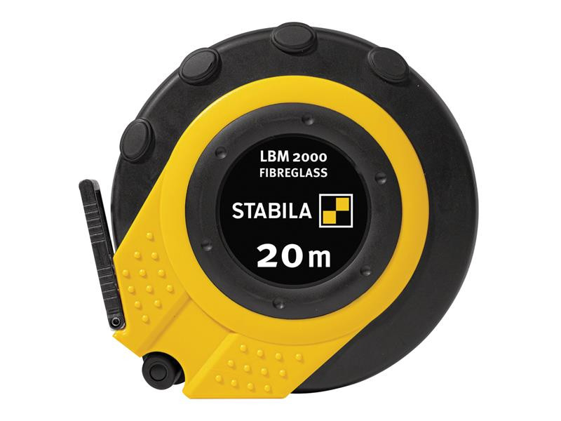 A black and yellow Stabila LBM 2000 Fibreglass measuring tape, showing a length of 20 meters, with a circular design and a handle on the left side.
