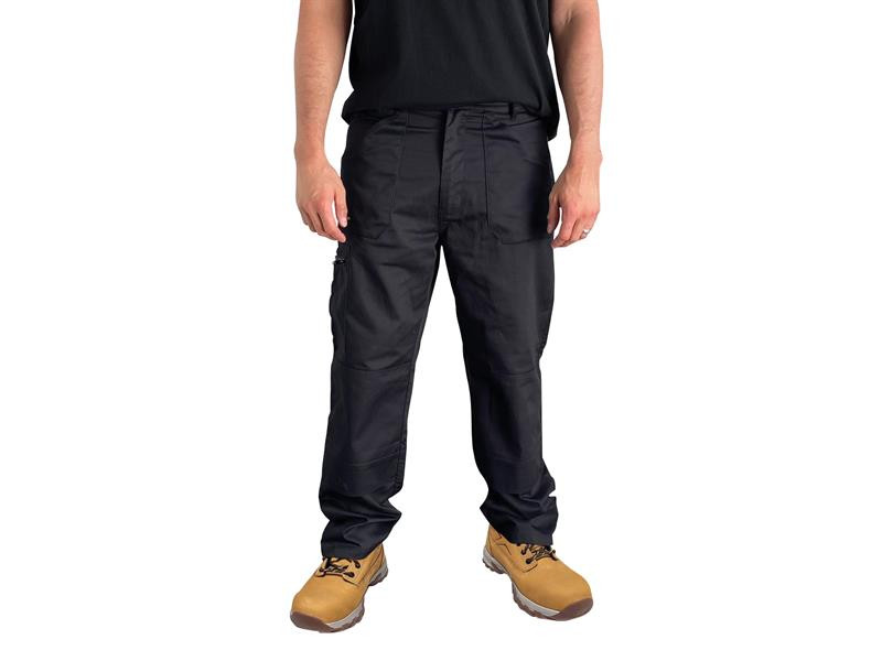 A pair of work trousers designed for use on construction sites and in industrial work environments.,