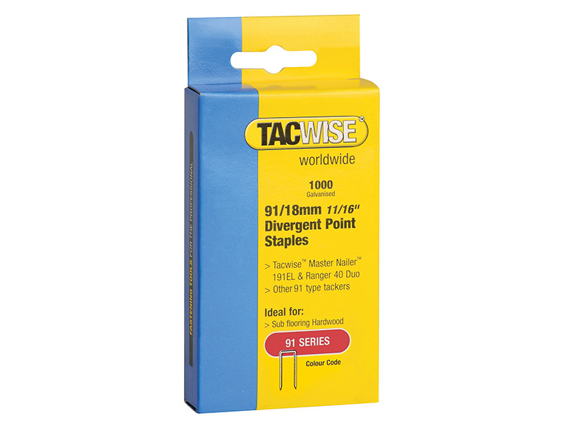 Tacwise TAC0287 91 Narrow Crown Divergent Point Staples - Electric Tackers (Pack 1000)