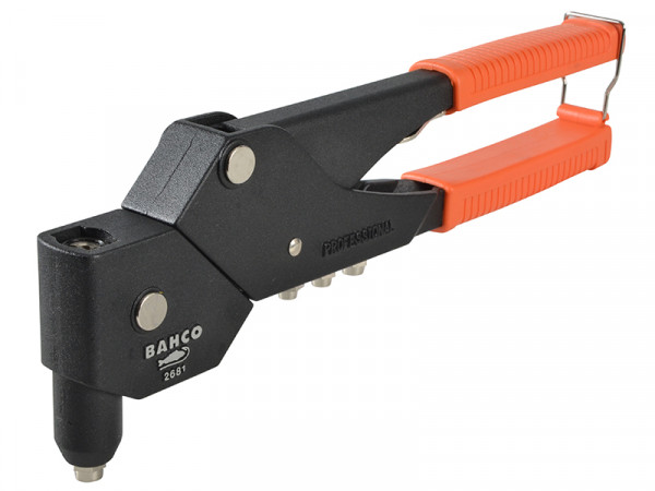 A black handheld rivet gun with orange handles and a metal locking clasp, labeled Bahco 2681. The tool is used for fastening rivets in various materials.