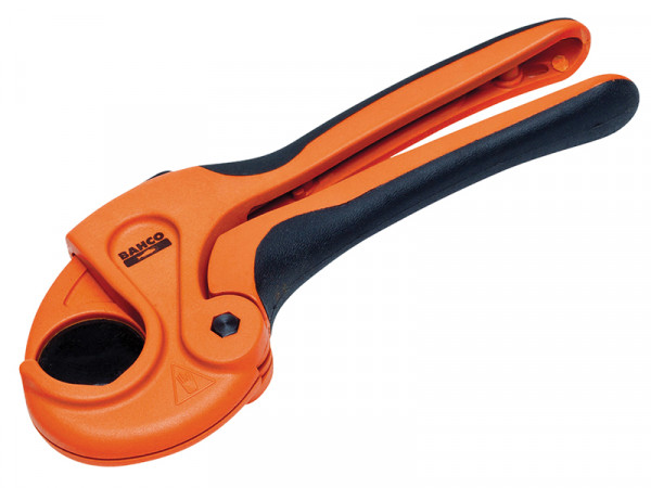 An orange and black plastic pipe cutter with a curved blade, used for cutting pipes cleanly. The tool has two handles and a locking mechanism near the blade.