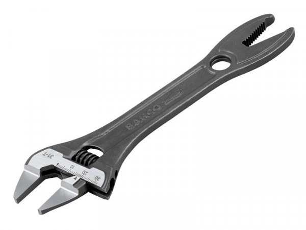 A metal adjustable wrench with a built-in scale for measurements and a jaw that can be widened or narrowed, featuring a hole at the handles end and a toothed grip opposite the wrench head.