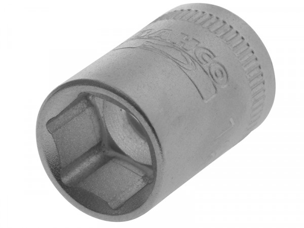 A close-up of a metallic socket wrench attachment, showing its hexagonal opening and textured grip at one end. The brand name is faintly visible on the side.
