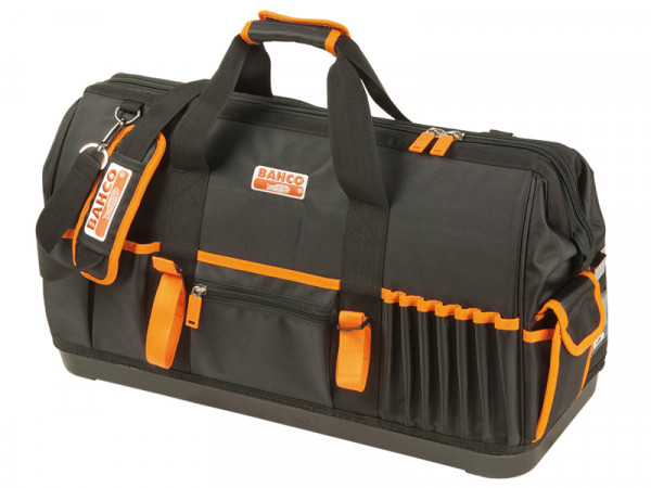 A black and orange Bahco branded tool bag with multiple pockets, handles, a shoulder strap, and a zippered main compartment, designed for carrying and organizing hand tools.