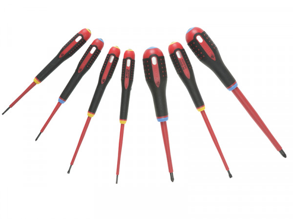 Six insulated screwdrivers with red shafts and black-and-red handles are arranged side by side on a white background. The handles are ergonomic and each has a different shaped tip.,