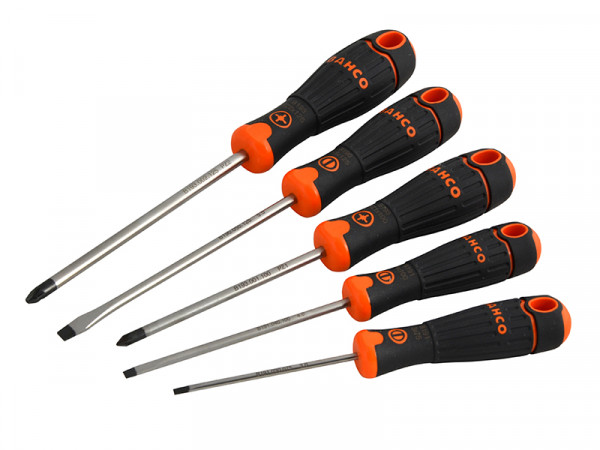 Five screwdrivers with black and orange handles are arranged in a fan shape. The set includes both flathead and Phillips head screwdrivers of varying sizes.,
