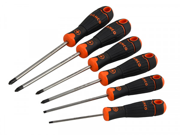 A set of six screwdrivers with black and orange handles, arranged in a row. The set includes both flathead and Phillips head screwdrivers of various sizes.