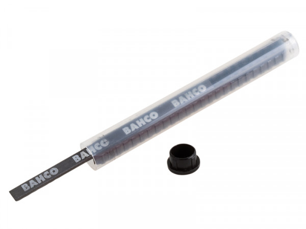 A transparent plastic tube labeled BAHCO contains metal saw blades, with one blade partially extended and the black cap placed beside the tube.