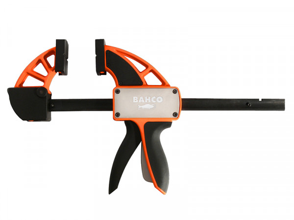 A black and orange Bahco quick grip clamp with a pistol-style handle and adjustable jaws, used for holding objects securely in place during woodworking or other tasks.