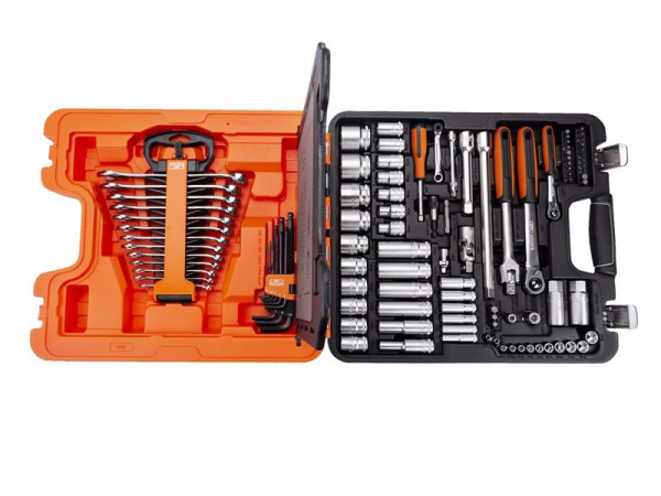 An open tool case displaying various wrenches, sockets, ratchets, and hex keys neatly organized in molded compartments, with an orange and black color scheme.