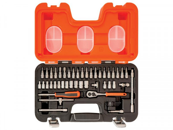 A socket and bit set in an open black and orange plastic case, containing various screwdriver bits, sockets, a ratchet wrench, extension bars, and hex keys, all neatly organized in individual slots.