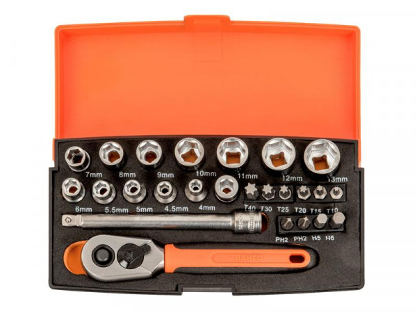 A socket wrench set in an open orange and black case, containing a ratchet, extension bar, various socket heads, and multiple screwdriver bits, all neatly organized in labeled slots.