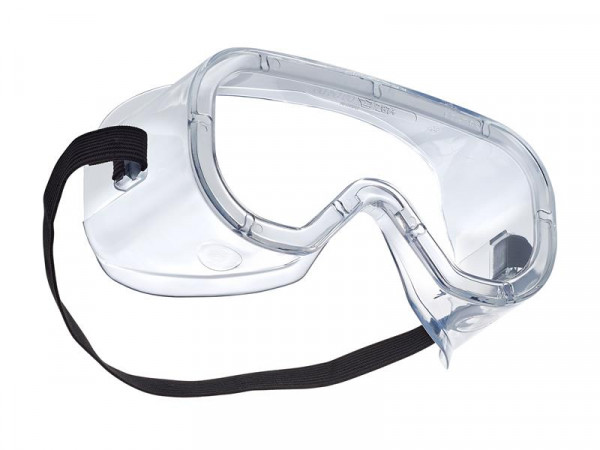 Clear plastic safety goggles with a black elastic strap, designed to protect the eyes during activities like science experiments, construction, or laboratory work. The goggles are shown against a white background.