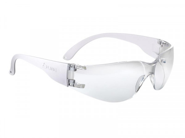 Clear plastic safety glasses with wraparound lenses and curved arms, designed to protect the eyes. The frame and lenses are transparent, and the glasses have a simple, functional design.