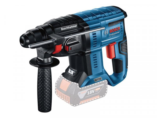 A Bosch Professional cordless power drill with a black side handle, blue and black body, red trigger, and an 18V battery slot shown as a transparent outline.