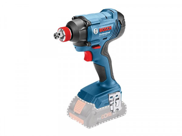 A blue Bosch Professional cordless impact wrench with a black handle and red accents, shown without a battery attached; the battery area is illustrated as a transparent outline.