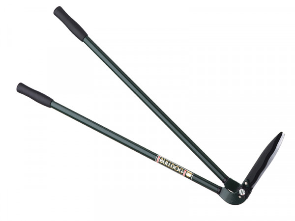 A green long-handled tool with two black grips and a sharp, narrow spade blade, designed for digging or edging; labeled with the brand “Bulldog” on the handles.
