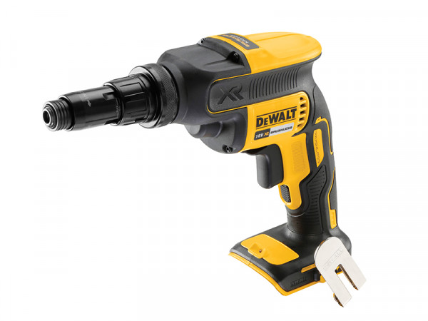 A yellow and black cordless DeWalt power drill with a compact design, labeled 18V XR, shown on a white background with a metal belt clip attached at the base.