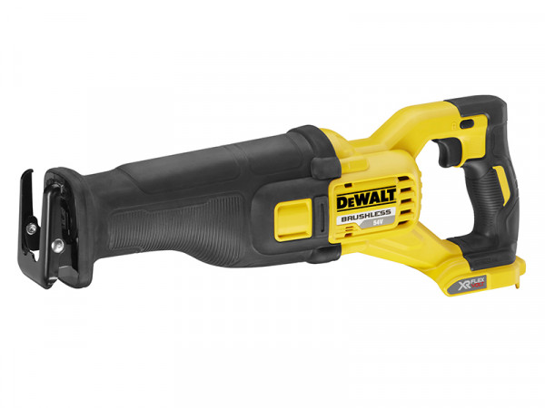 A yellow and black DEWALT cordless reciprocating saw with 54V variable speed and a quick-release blade clamp, for demolition and rough cutting.