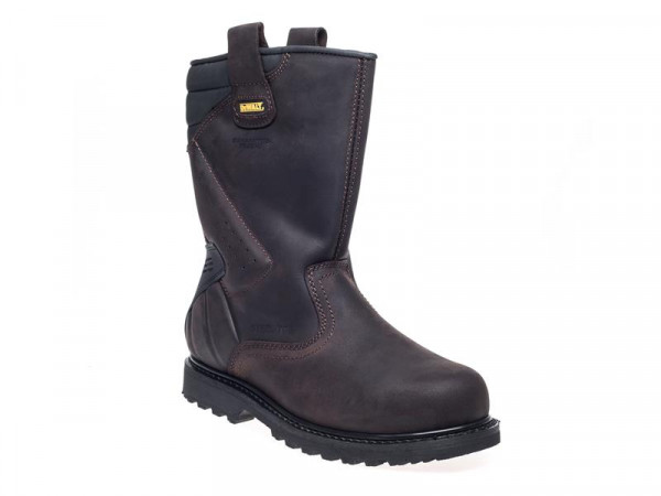 A brown composite safety boot with an anti-slip sole and padded collar, designed for comfort and protection during extended site work.